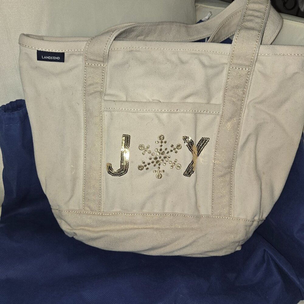 Lands’ End Holiday Canvas Tote – “JOY” Gold Glitter Trim
